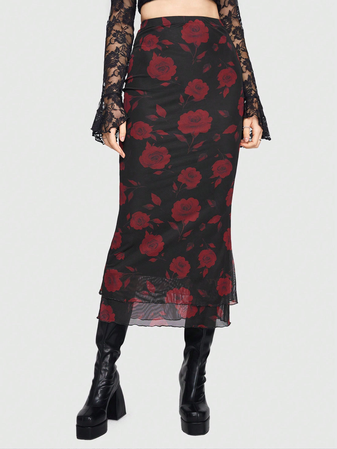Women's Floral Pattern Mesh Skirt in black featuring a high waist, long mermaid cut, side split, and ruffle lettuce trim.