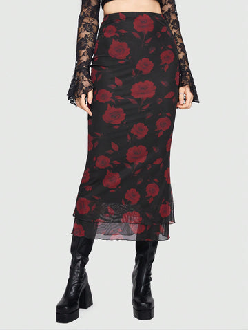 Women's Floral Pattern Mesh Skirt in black featuring a high waist, long mermaid cut, side split, and ruffle lettuce trim.