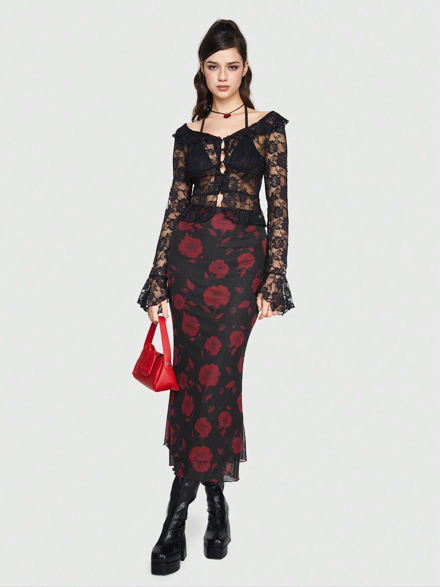 Women's Floral Pattern Mesh Skirt in black featuring a high waist, long mermaid cut, side split, and ruffle lettuce trim.