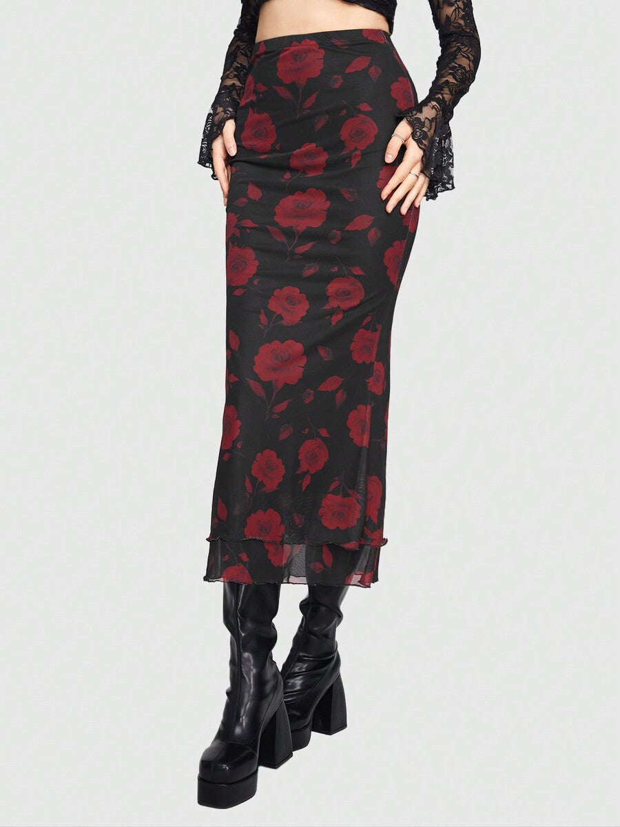 Women's Floral Pattern Mesh Skirt in black featuring a high waist, long mermaid cut, side split, and ruffle lettuce trim.