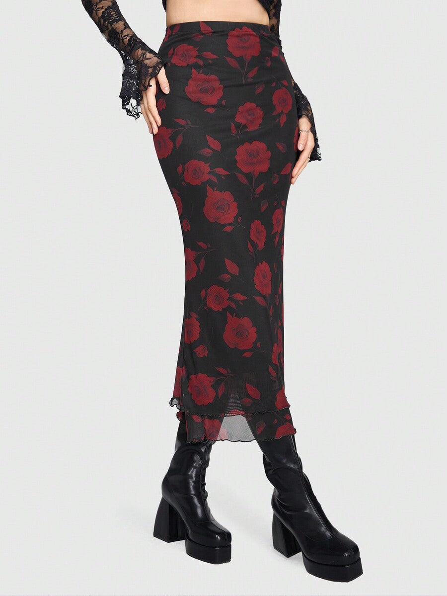 Women's Floral Pattern Mesh Skirt in black featuring a high waist, long mermaid cut, side split, and ruffle lettuce trim.