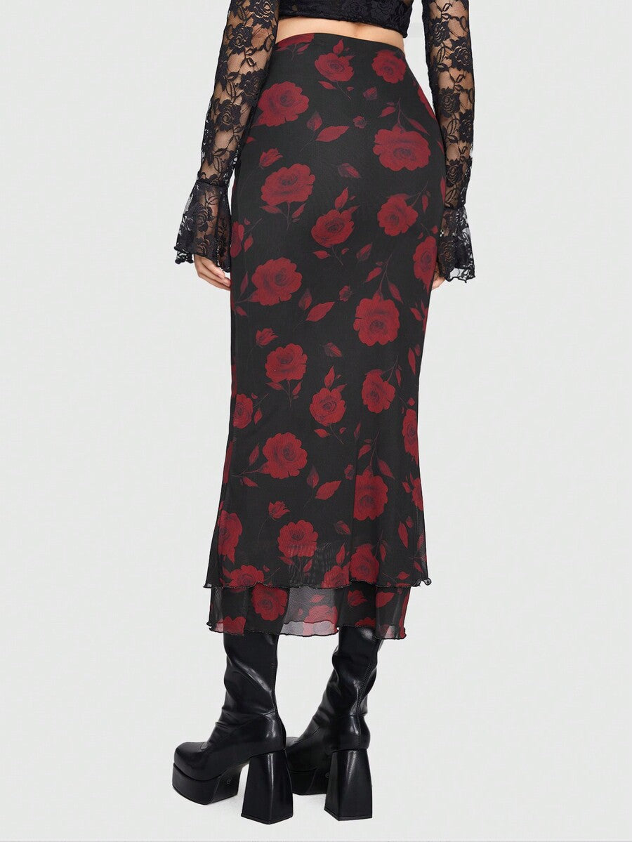 Women's Floral Pattern Mesh Skirt in black featuring a high waist, long mermaid cut, side split, and ruffle lettuce trim.