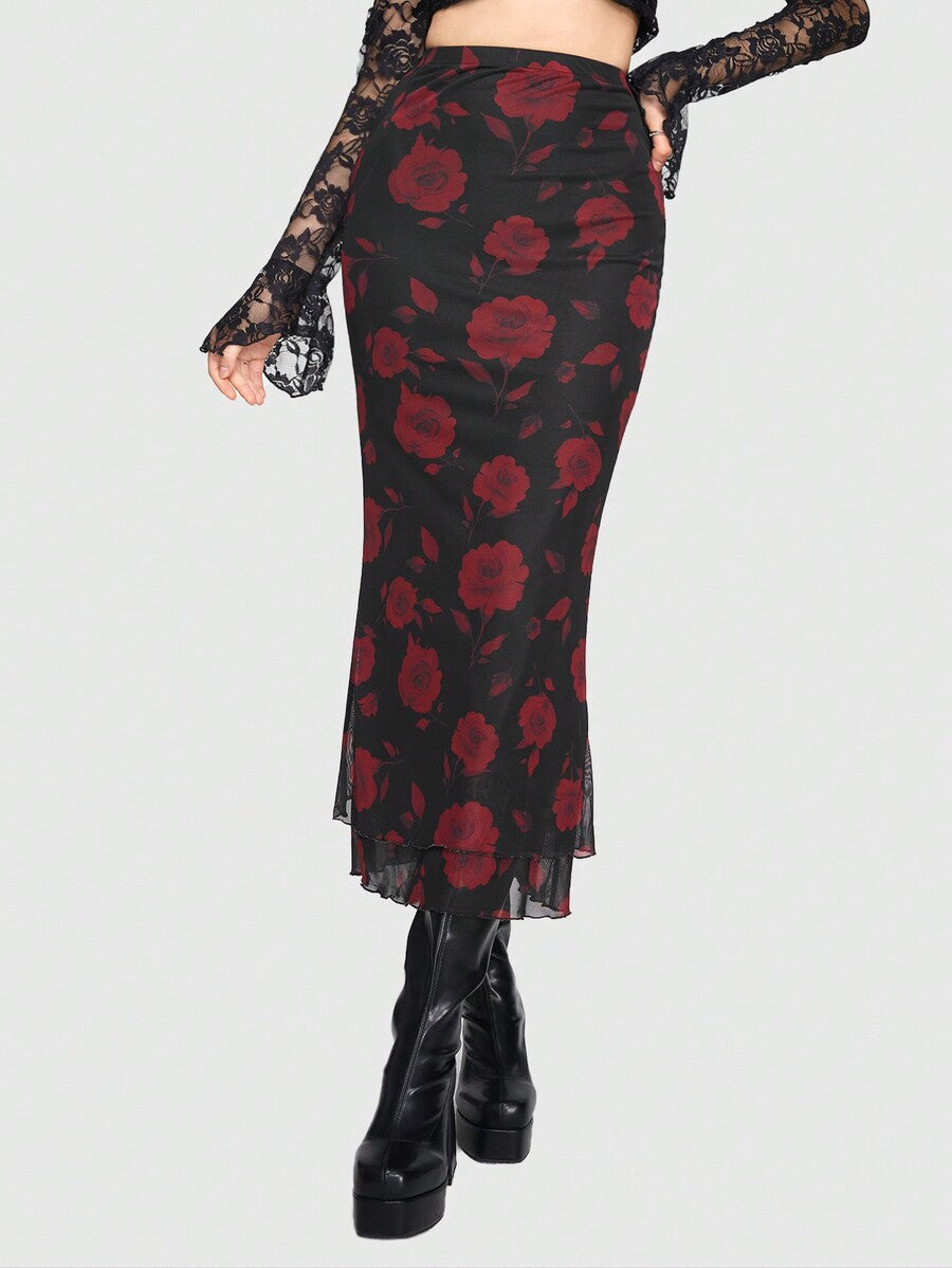 Women's Floral Pattern Mesh Skirt in black featuring a high waist, long mermaid cut, side split, and ruffle lettuce trim.