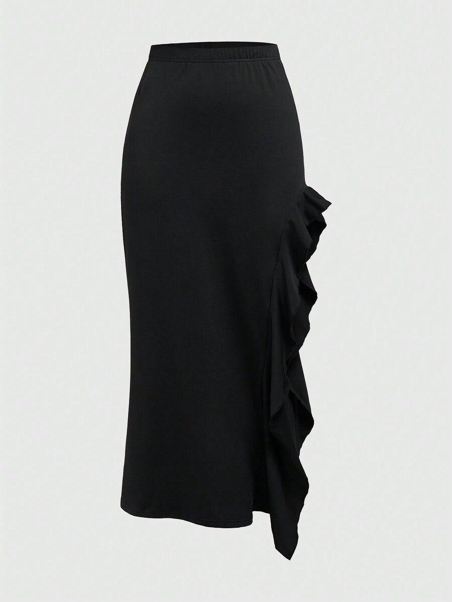 Women's ruffled slit hem skirt in black with criss-cross details, split thigh, skinny mermaid fit, and mid-waist style.