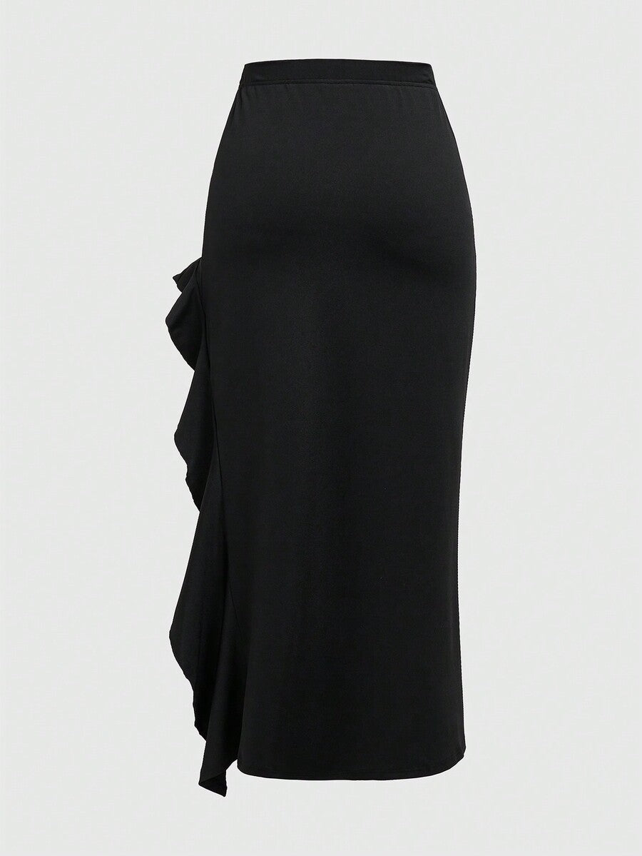 Women's ruffled slit hem skirt in black with criss-cross details, split thigh, skinny mermaid fit, and mid-waist style.