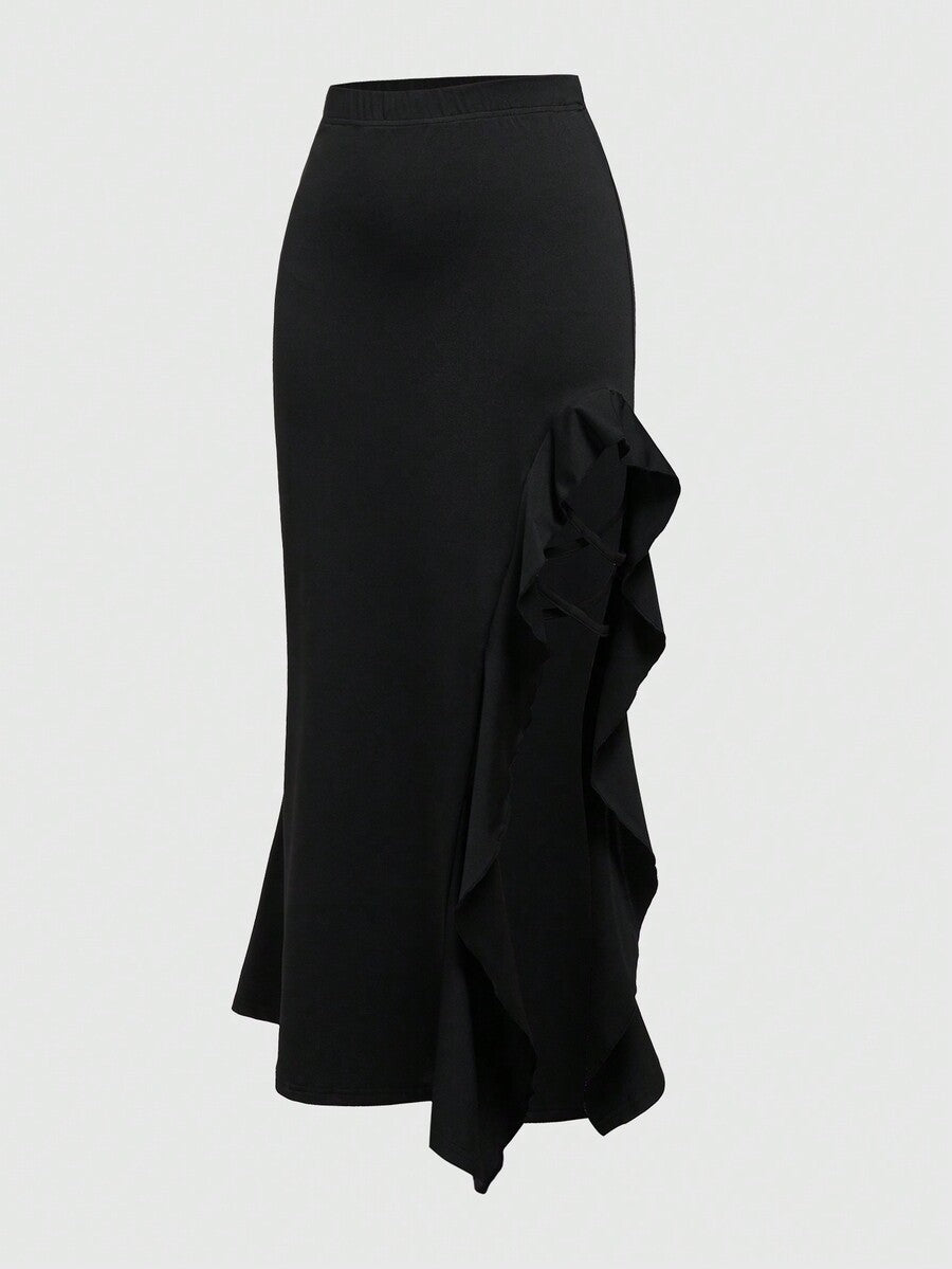 Women's ruffled slit hem skirt in black with criss-cross details, split thigh, skinny mermaid fit, and mid-waist style.