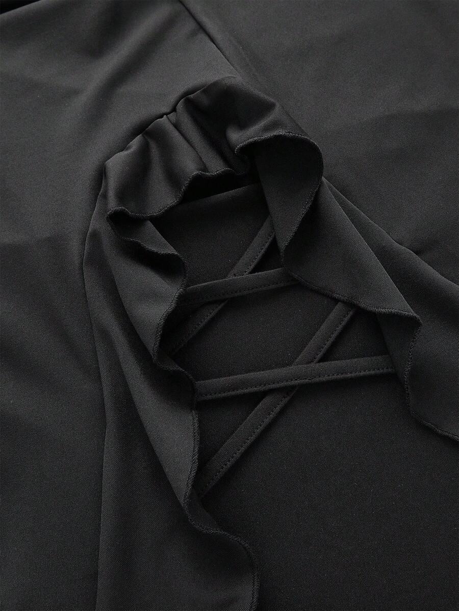 Women's ruffled slit hem skirt in black with criss-cross details, split thigh, skinny mermaid fit, and mid-waist style.