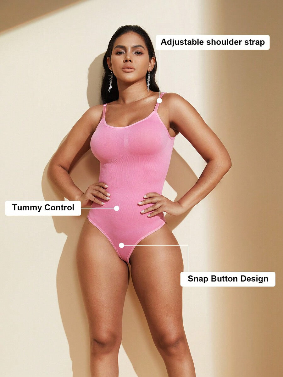 Brown seamless shapewear bodysuit featuring backless design, thong bottom, non-removable padding, and high-stretch fabric for tummy and waist control.