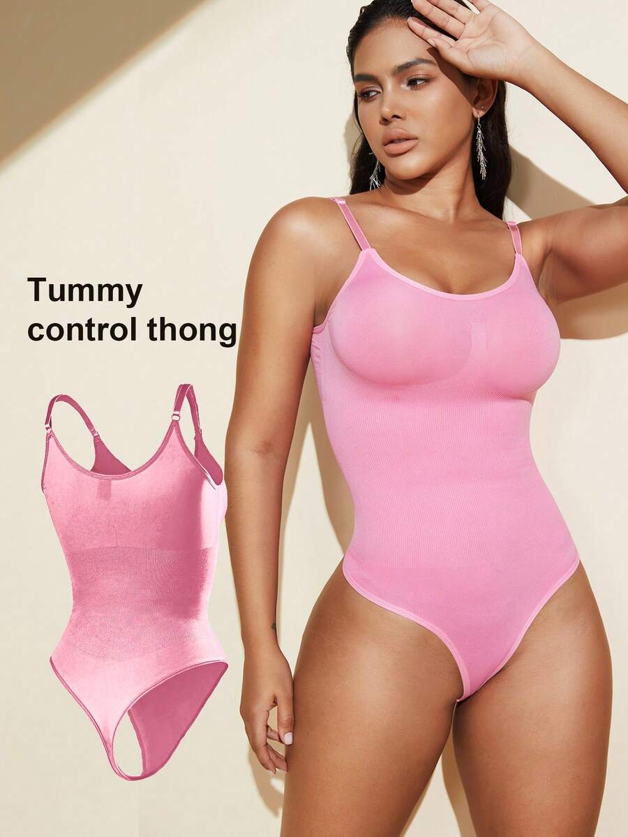 Brown seamless shapewear bodysuit featuring backless design, thong bottom, non-removable padding, and high-stretch fabric for tummy and waist control.