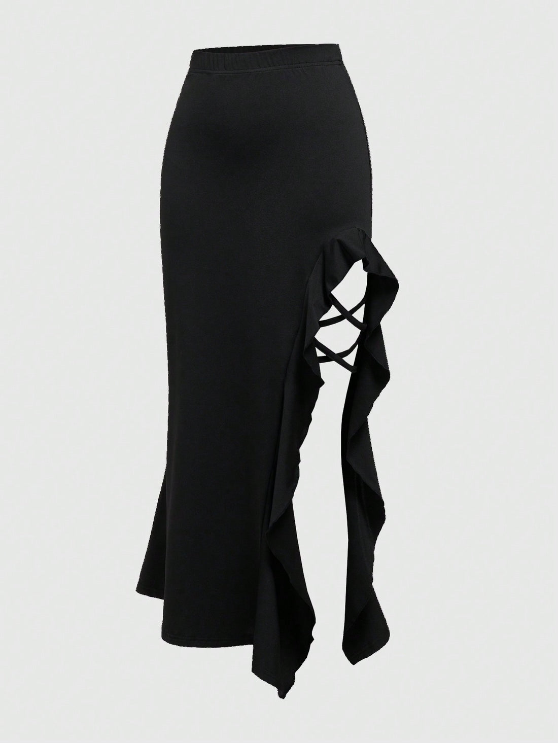 Women's ruffled slit hem skirt in black with criss-cross details, split thigh, skinny mermaid fit, and mid-waist style.