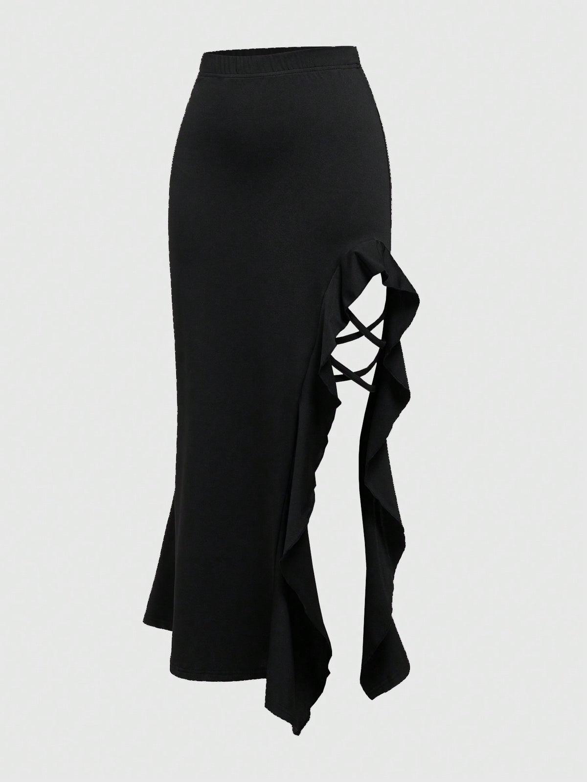 Women's ruffled slit hem skirt in black with criss-cross details, split thigh, skinny mermaid fit, and mid-waist style.