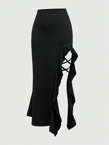 Women's ruffled slit hem skirt in black with criss-cross details, split thigh, skinny mermaid fit, and mid-waist style.