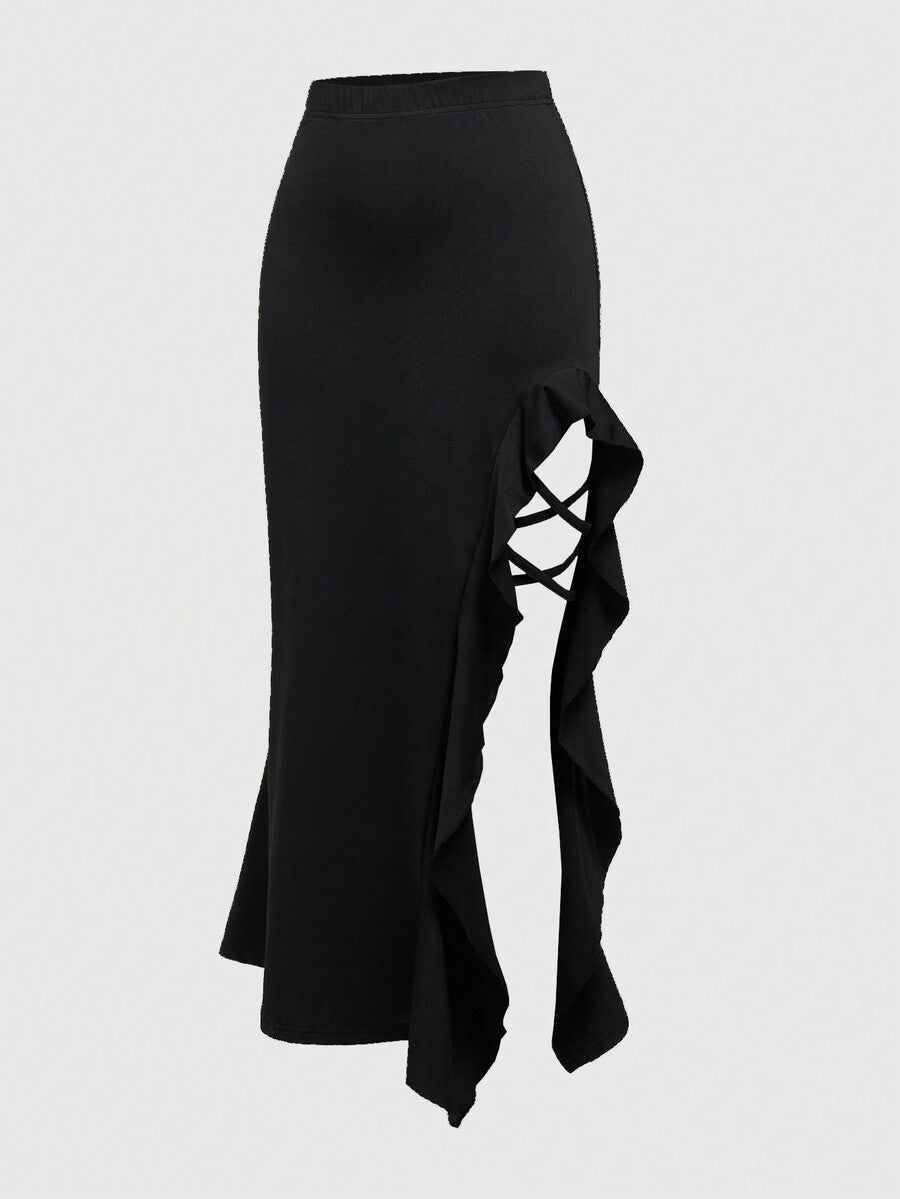 Women's ruffled slit hem skirt in black with criss-cross details, split thigh, skinny mermaid fit, and mid-waist style.