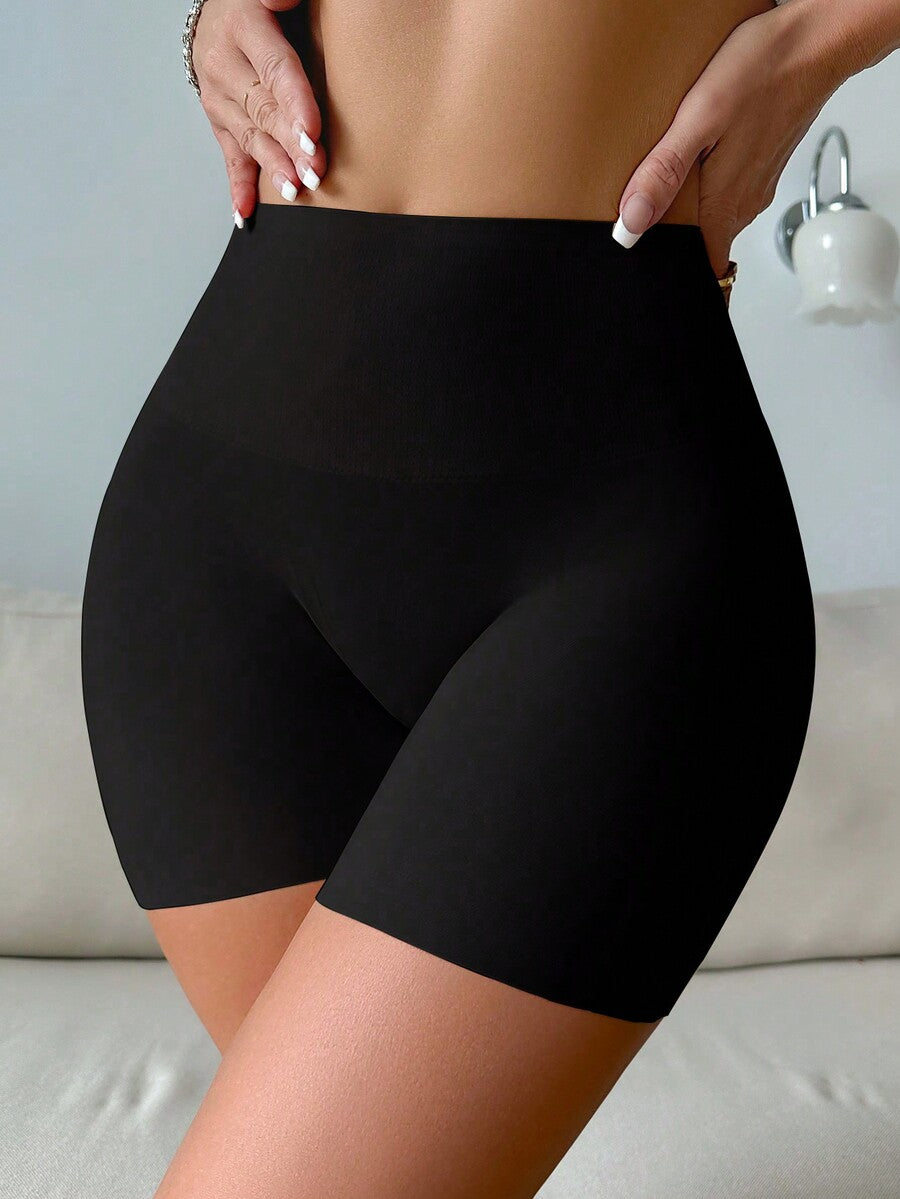 Women wearing apricot super high waist shapewear shorts designed for ultra-light thigh smoothing