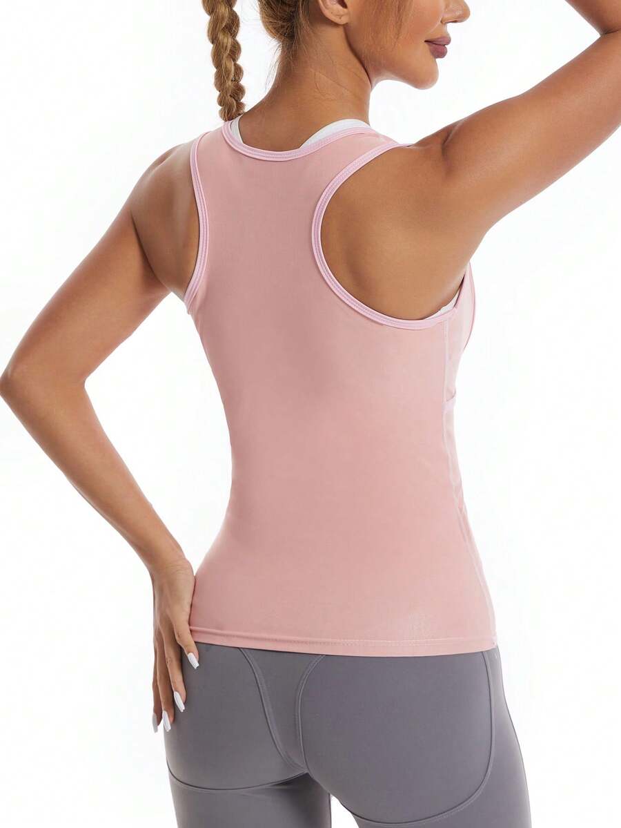Women's pink sauna sweat waist cincher vest featuring fixed chest support, tummy control compression fabric, and hook and loop closure for fitness training.
