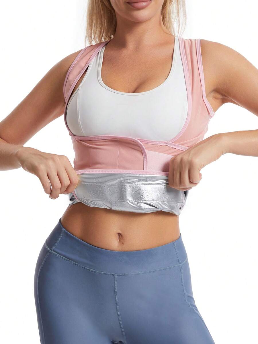 Women's pink sauna sweat waist cincher vest featuring fixed chest support, tummy control compression fabric, and hook and loop closure for fitness training.