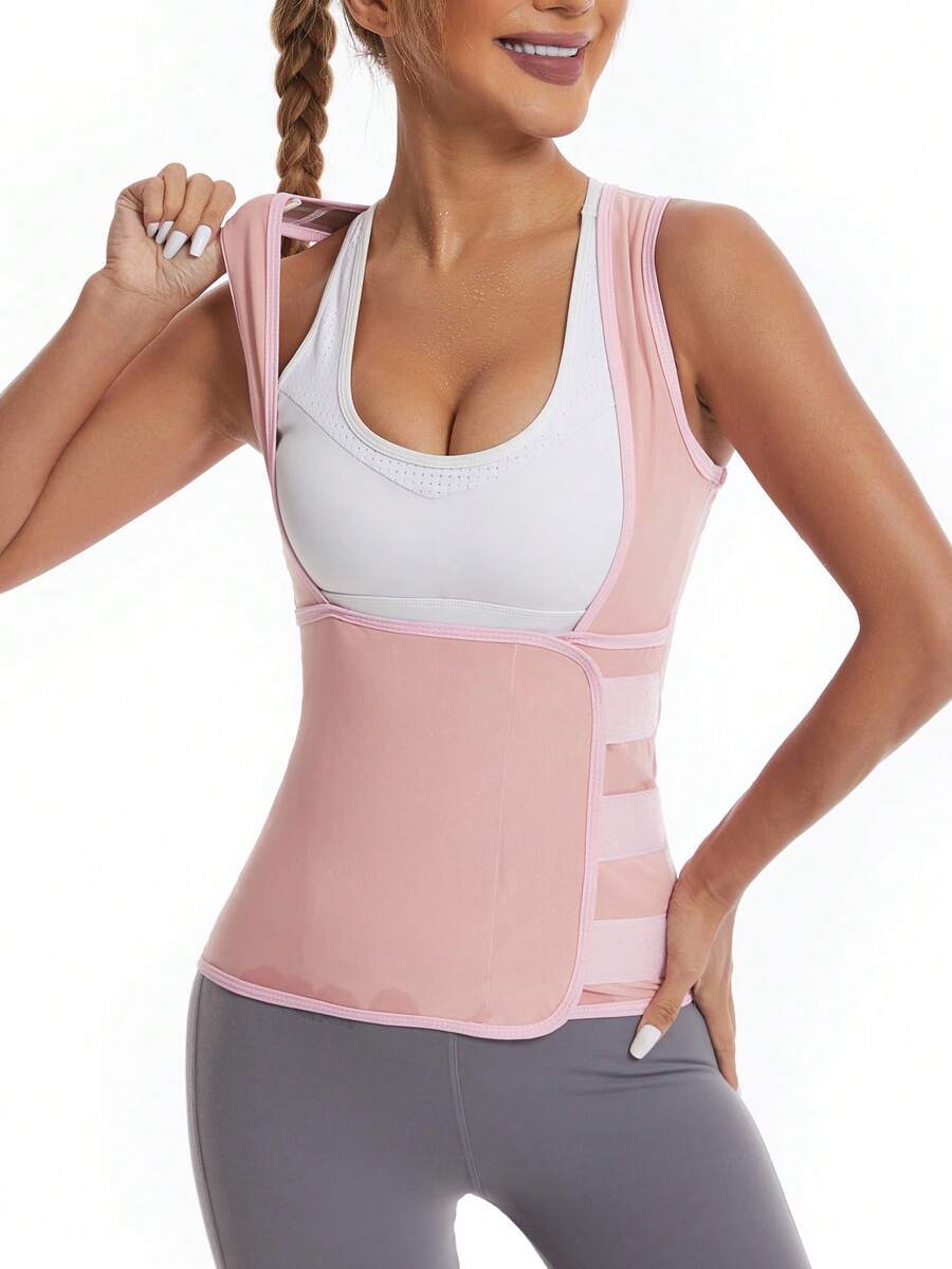 Women's pink sauna sweat waist cincher vest featuring fixed chest support, tummy control compression fabric, and hook and loop closure for fitness training.