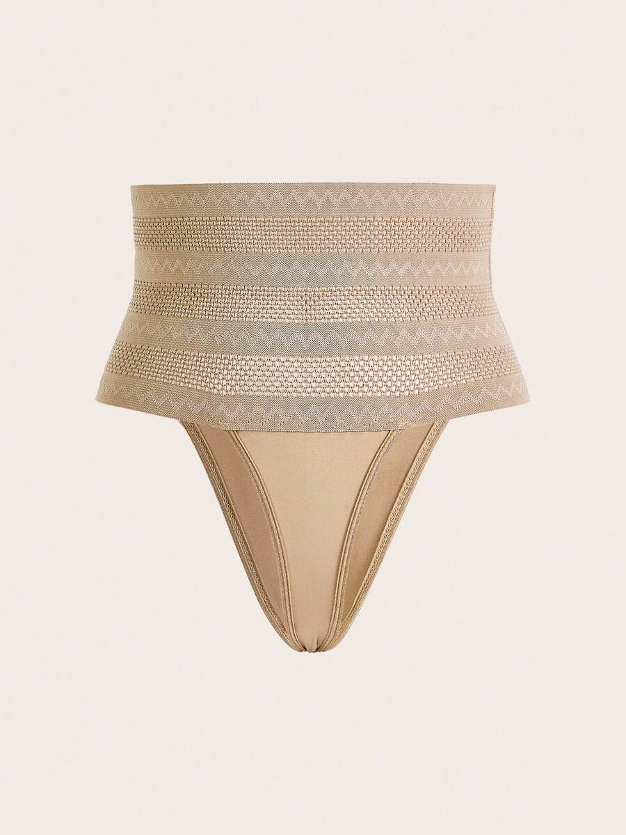 Women's apricot super high waist body shaping briefs featuring ultra light waist support and geometric pattern.
