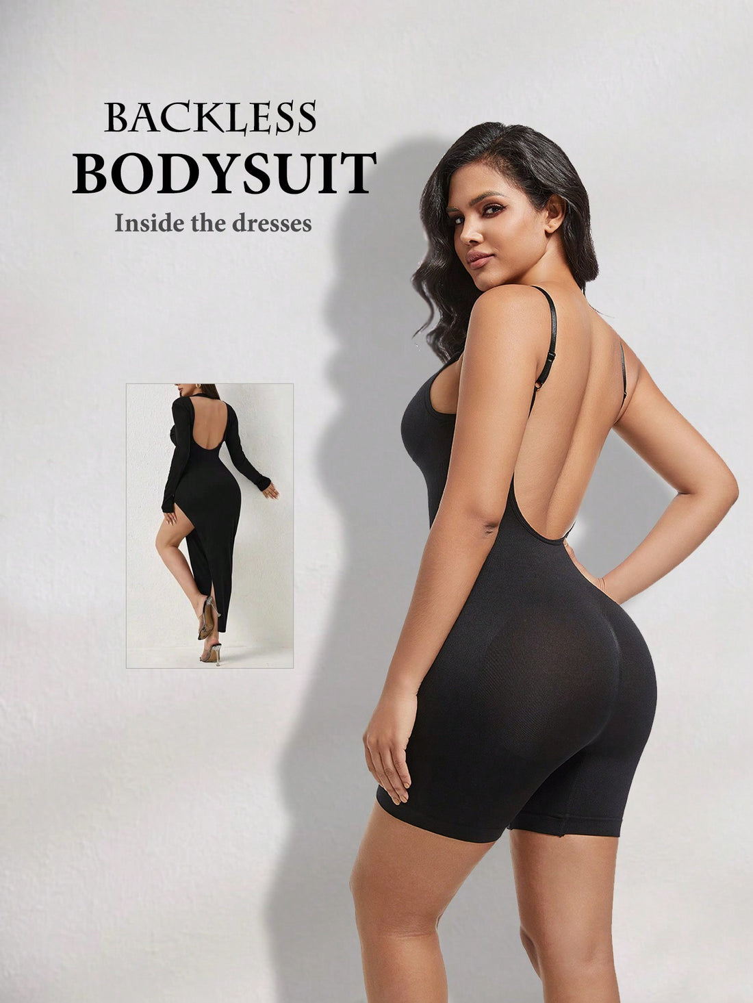 Women's seamless backless shapewear bodysuit with a square collar, featuring strong tummy control and waist shaping in black.