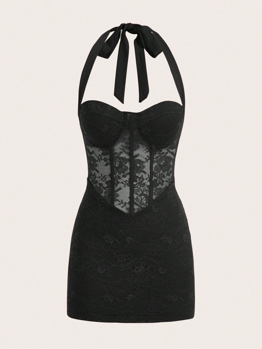 Women's black backless lace splice halterneck mini dress with slim fit and knot detail