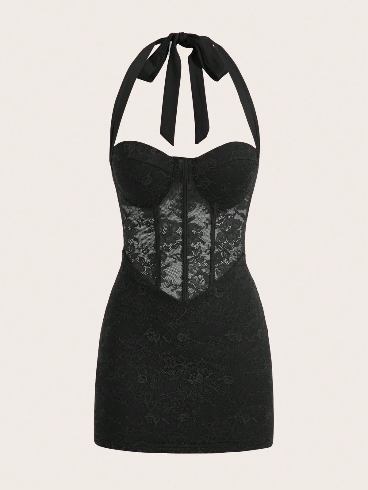 Women's black backless lace splice halterneck mini dress with slim fit and knot detail