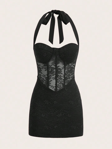 Women's black backless lace splice halterneck mini dress with slim fit and knot detail
