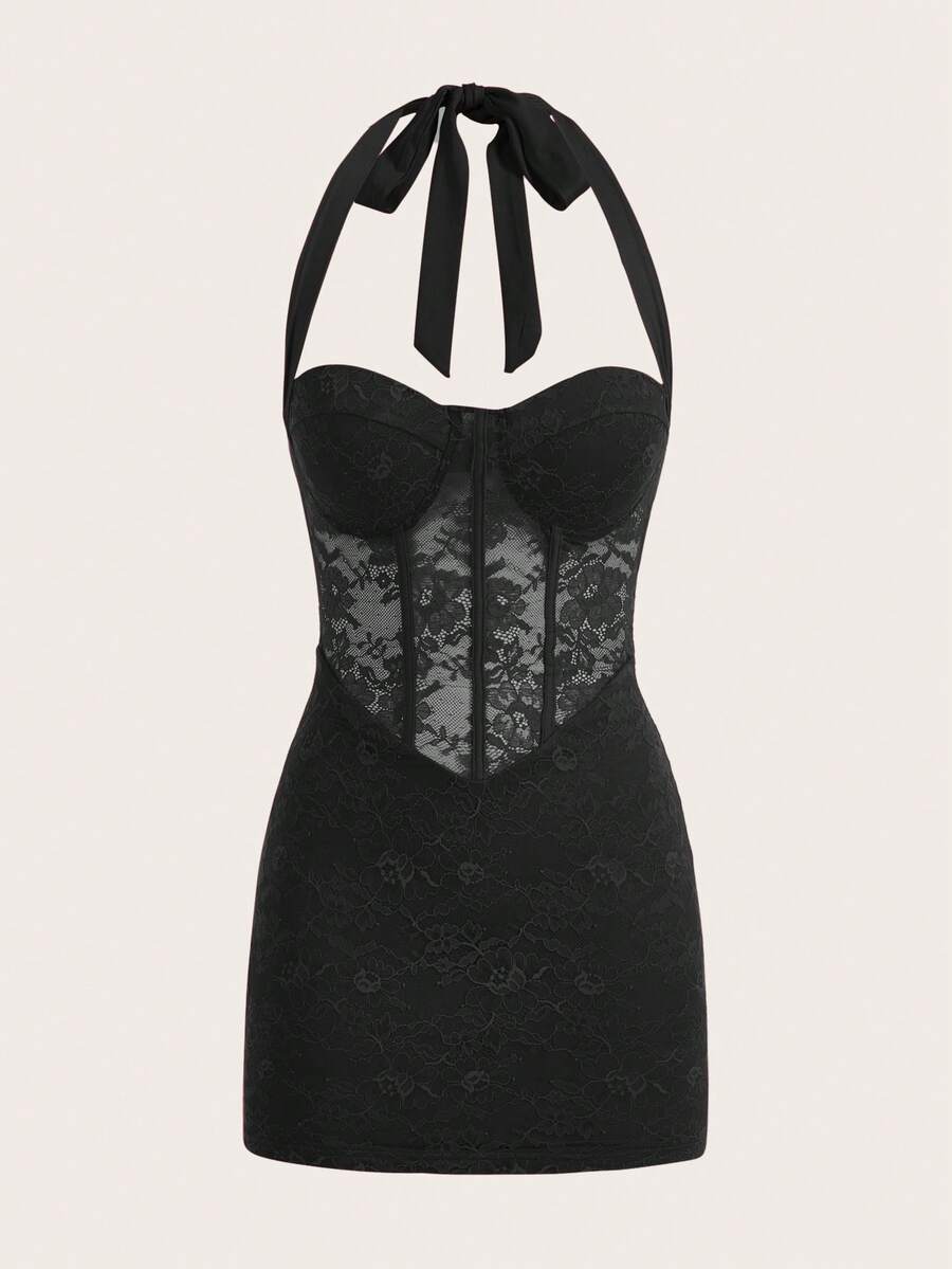 Women's black backless lace splice halterneck mini dress with slim fit and knot detail