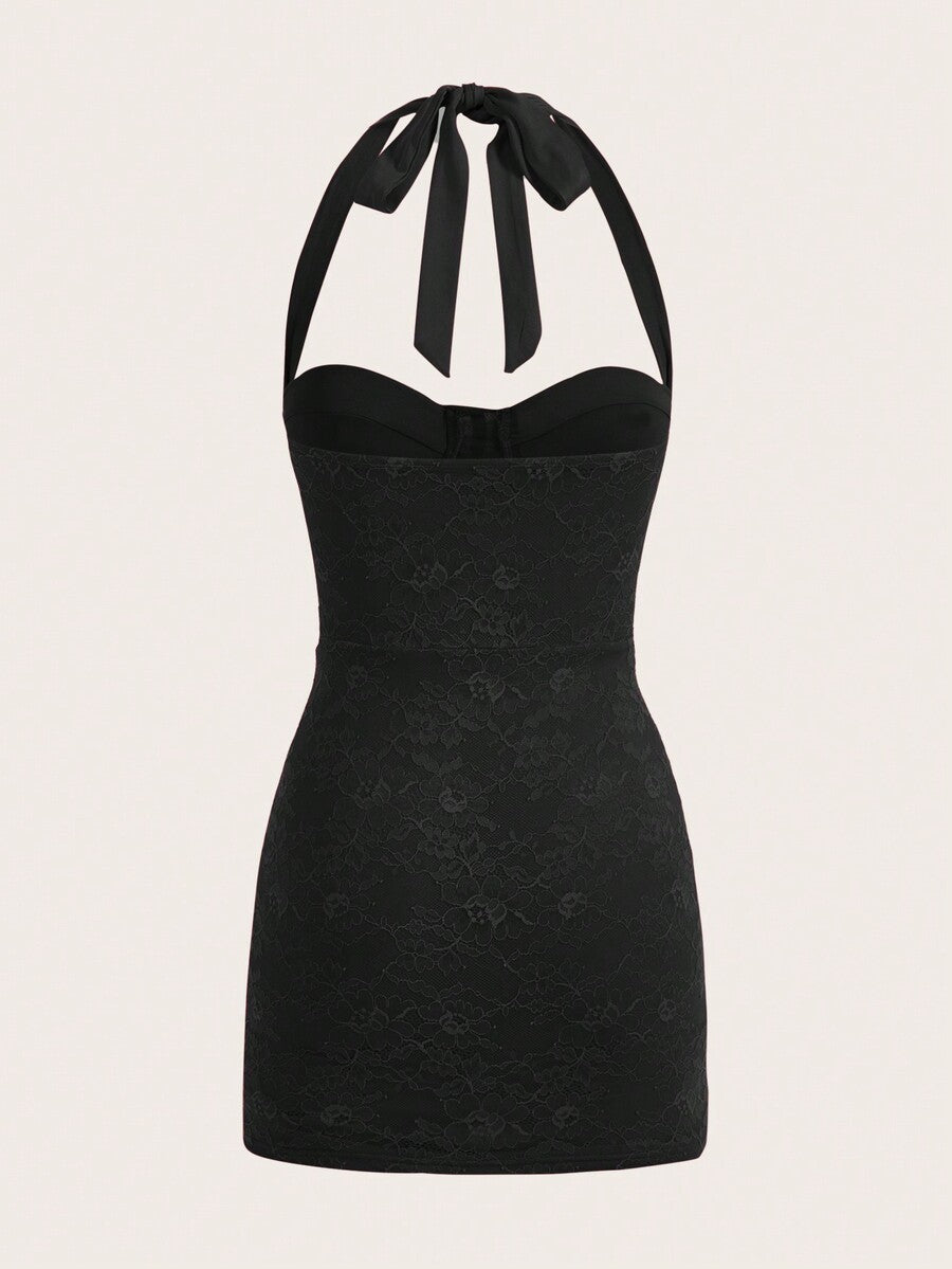 Women's black backless lace splice halterneck mini dress with slim fit and knot detail