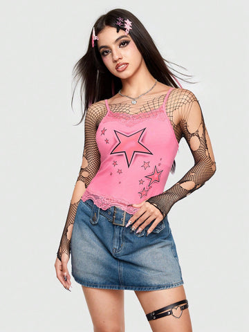 Pink floral camisole top featuring contrast lace trim, lettuce edge detail, and spaghetti straps for women.