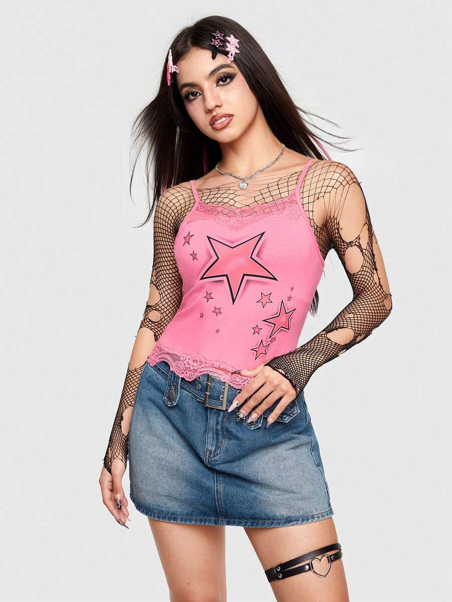 Pink floral camisole top featuring contrast lace trim, lettuce edge detail, and spaghetti straps for women.