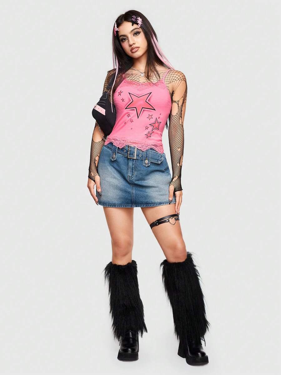 Pink floral camisole top featuring contrast lace trim, lettuce edge detail, and spaghetti straps for women.