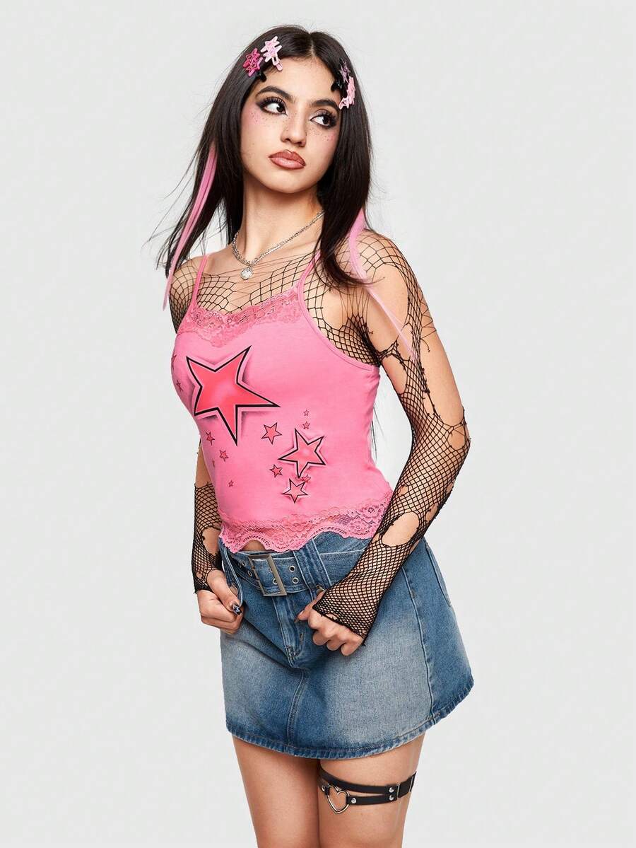 Pink floral camisole top featuring contrast lace trim, lettuce edge detail, and spaghetti straps for women.