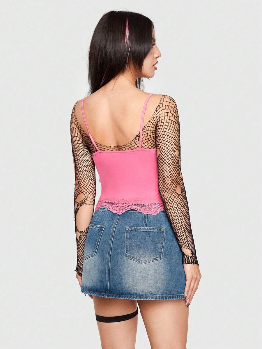 Pink floral camisole top featuring contrast lace trim, lettuce edge detail, and spaghetti straps for women.
