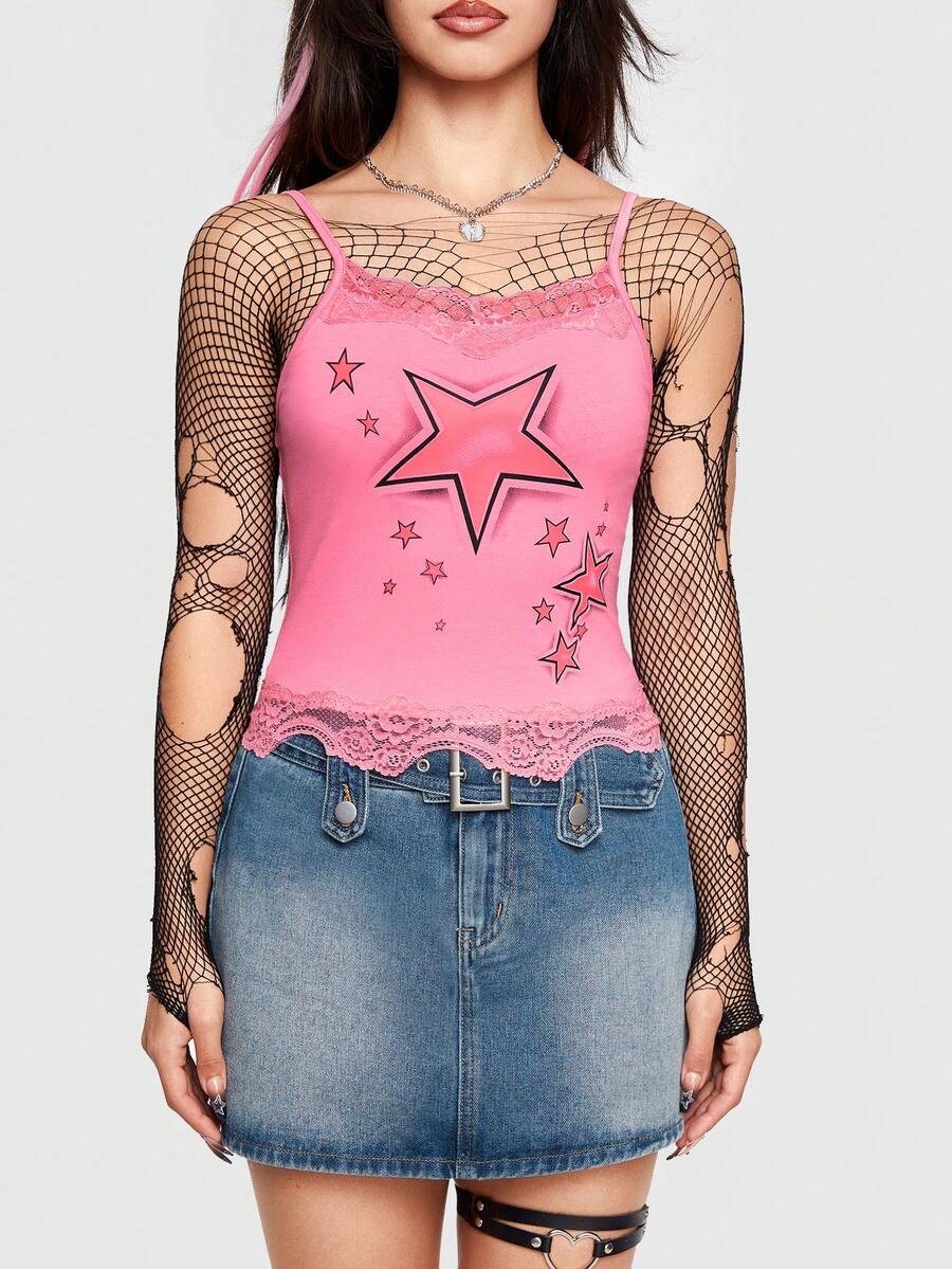Pink floral camisole top featuring contrast lace trim, lettuce edge detail, and spaghetti straps for women.