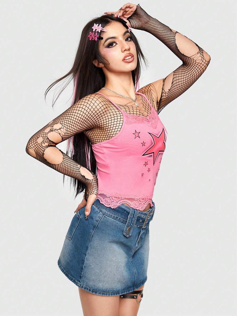 Pink floral camisole top featuring contrast lace trim, lettuce edge detail, and spaghetti straps for women.