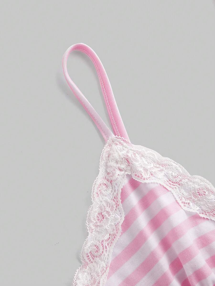 Red and white striped camisole top featuring contrast white scallop lace trim along the neckline and slim fit spaghetti straps.