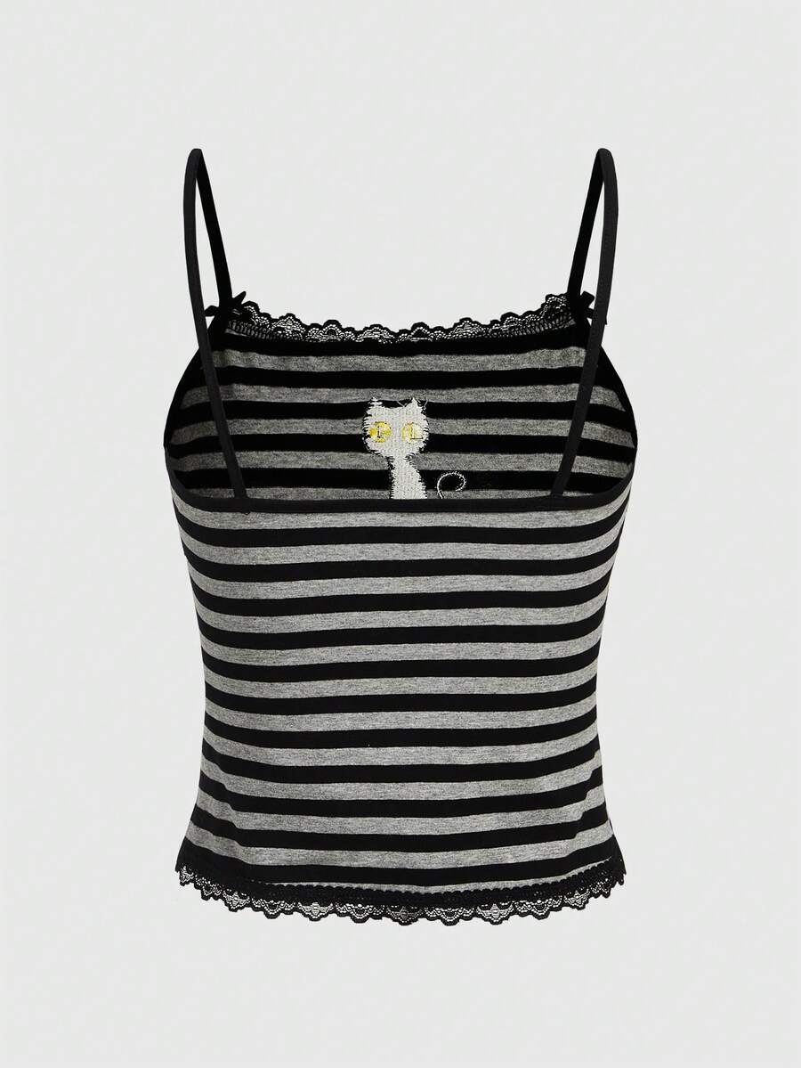 Burgundy rib-knit spaghetti strap camisole top featuring contrast lace patchwork trim, a decorative bow, and detailed cat embroidery.