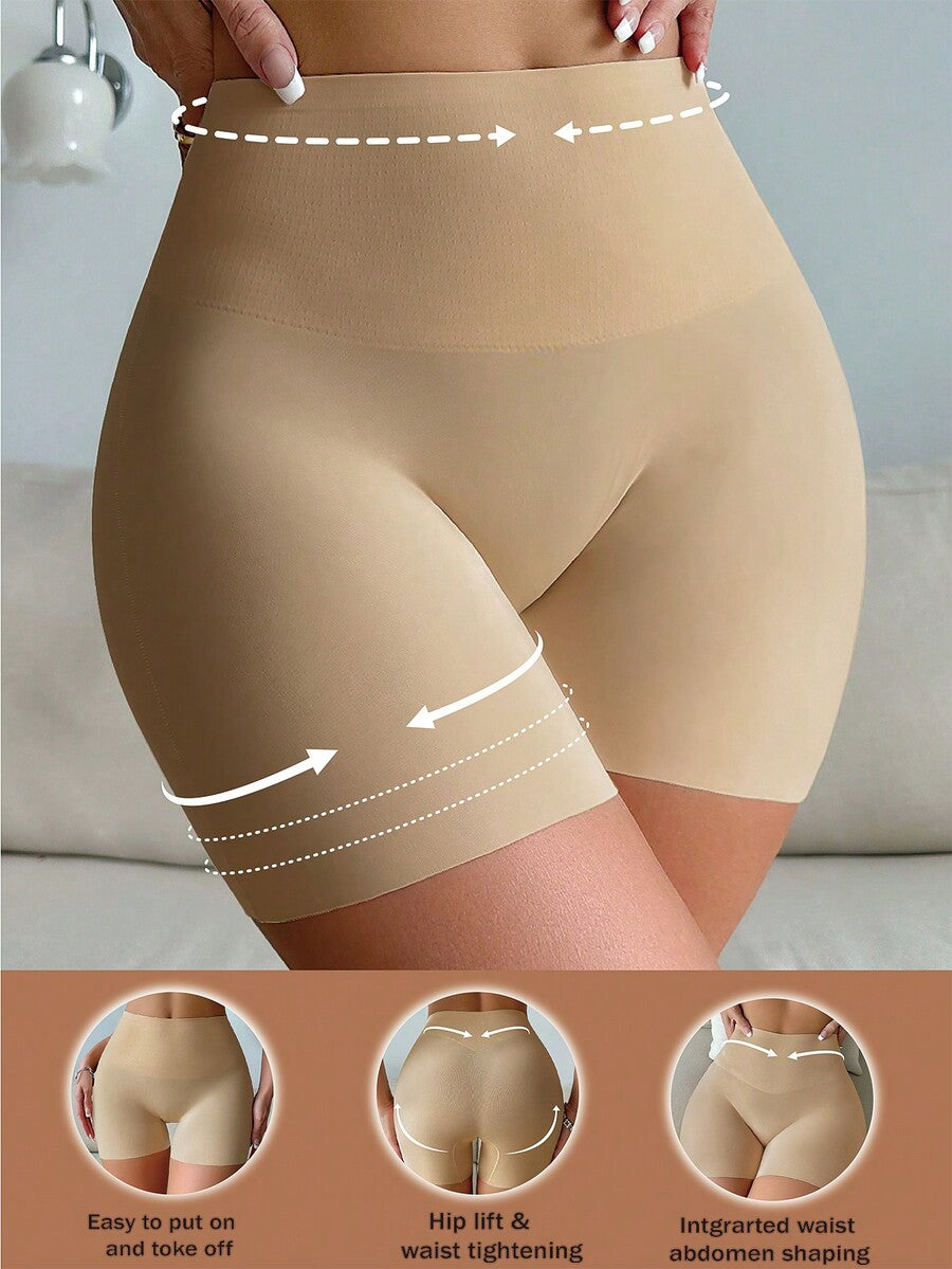 Women wearing apricot super high waist shapewear shorts designed for ultra-light thigh smoothing