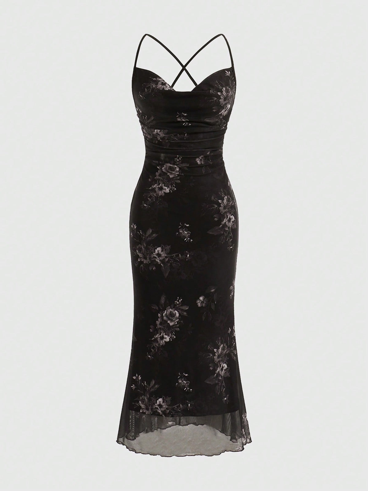 Women's floral print backless cami long dress featuring spaghetti straps, high waist, ruched detailing, and a mermaid hem with split thigh