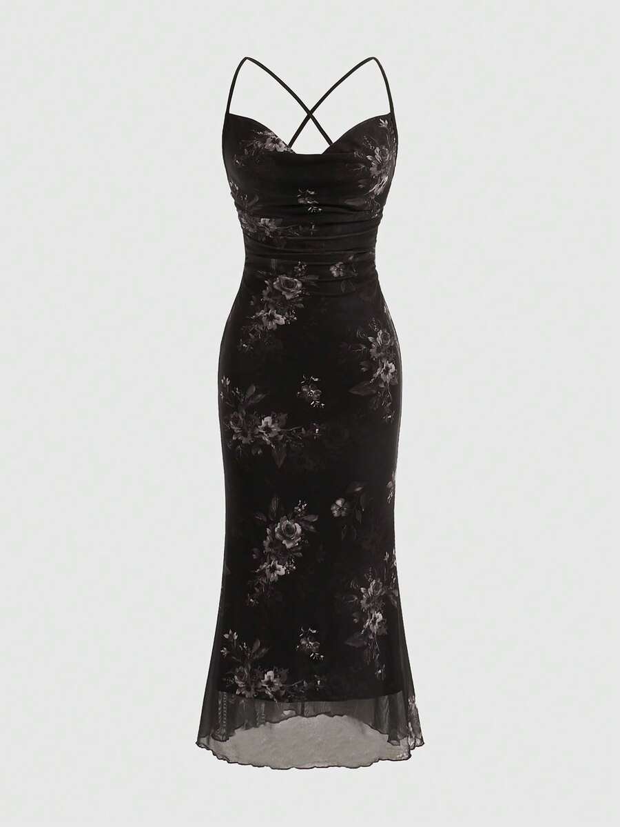 Women's floral print backless cami long dress featuring spaghetti straps, high waist, ruched detailing, and a mermaid hem with split thigh
