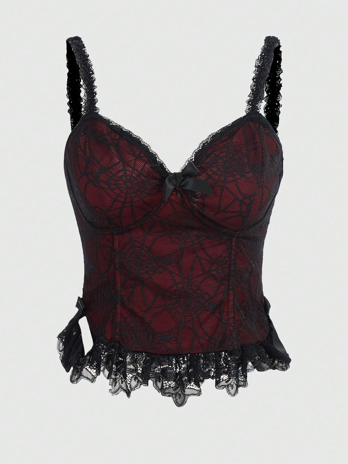 Multicolor sheer crop cami top for women featuring contrast lace details, a front bow accent, spaghetti straps, and a flared hem.