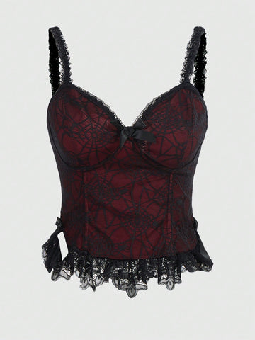 Multicolor sheer crop cami top for women featuring contrast lace details, a front bow accent, spaghetti straps, and a flared hem.