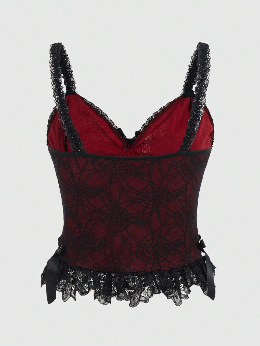Multicolor sheer crop cami top for women featuring contrast lace details, a front bow accent, spaghetti straps, and a flared hem.