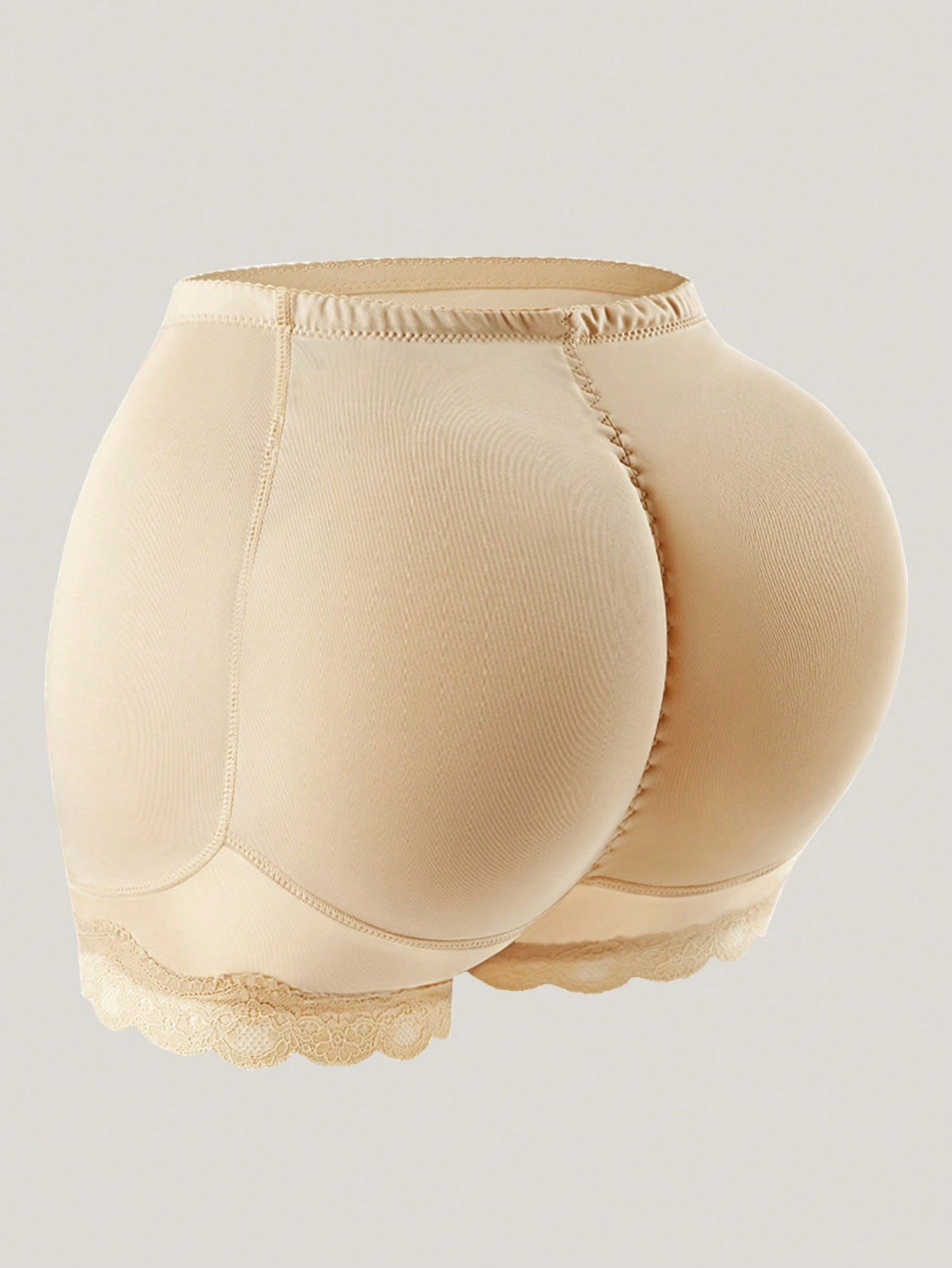 Women's tummy control shapewear shorts featuring detachable sponge padding, contrast lace trim, and medium stretch knitted fabric.