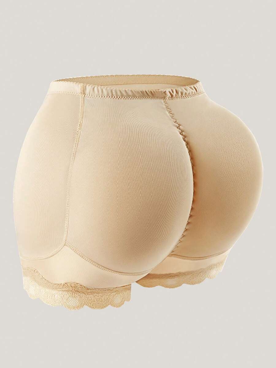 Women's tummy control shapewear shorts featuring detachable sponge padding, contrast lace trim, and medium stretch knitted fabric.