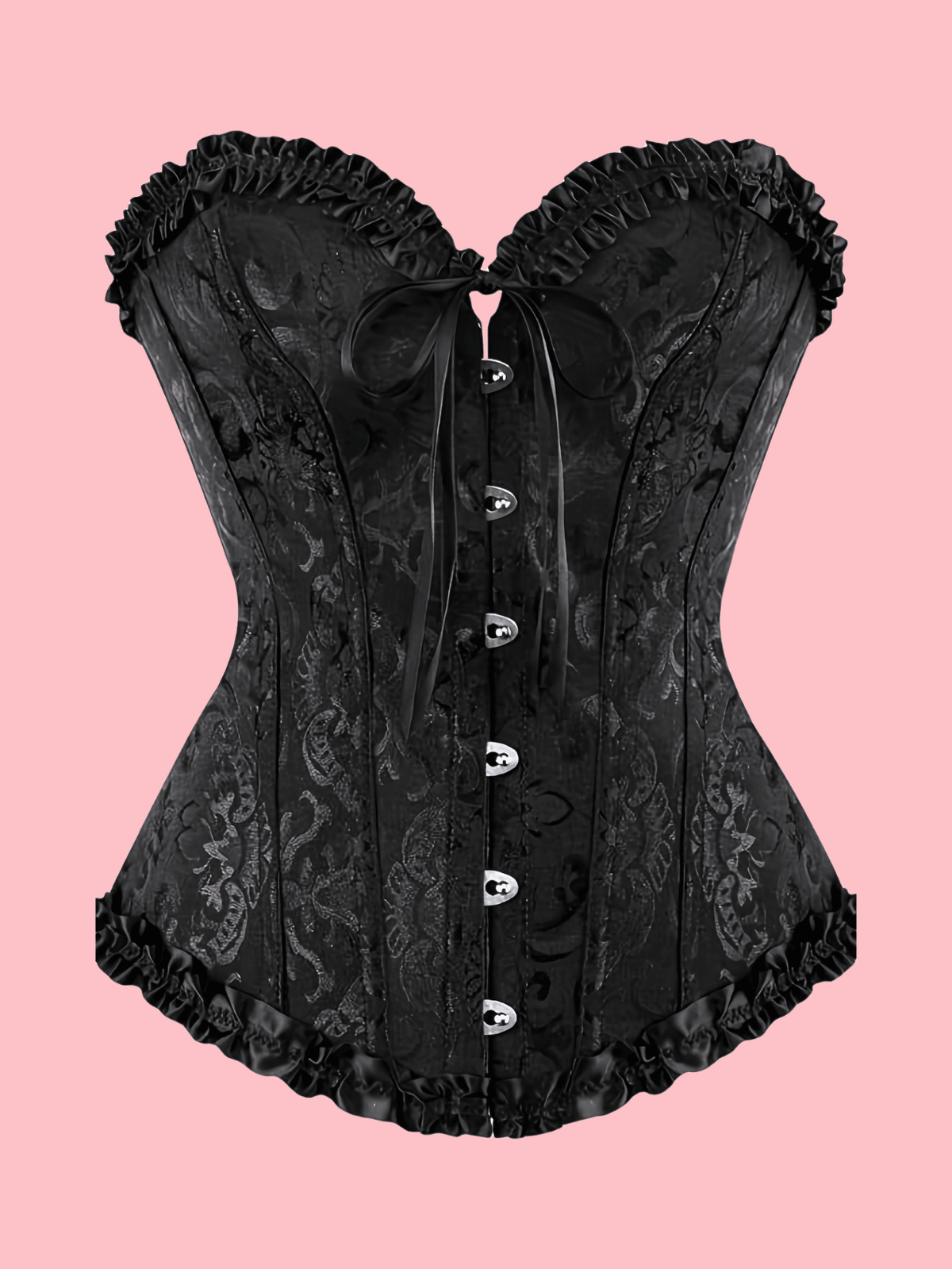 Baroque open bust corset top with boning, ruffle details, and grommet eyelet accents for waist shaping and bust support.