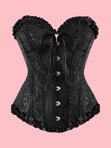 Baroque open bust corset top with boning, ruffle details, and grommet eyelet accents for waist shaping and bust support.