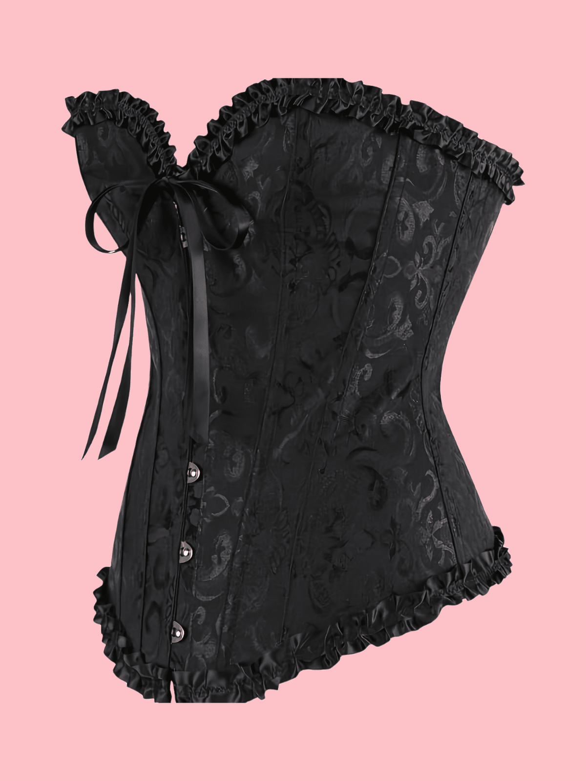 Baroque open bust corset top with boning, ruffle details, and grommet eyelet accents for waist shaping and bust support.