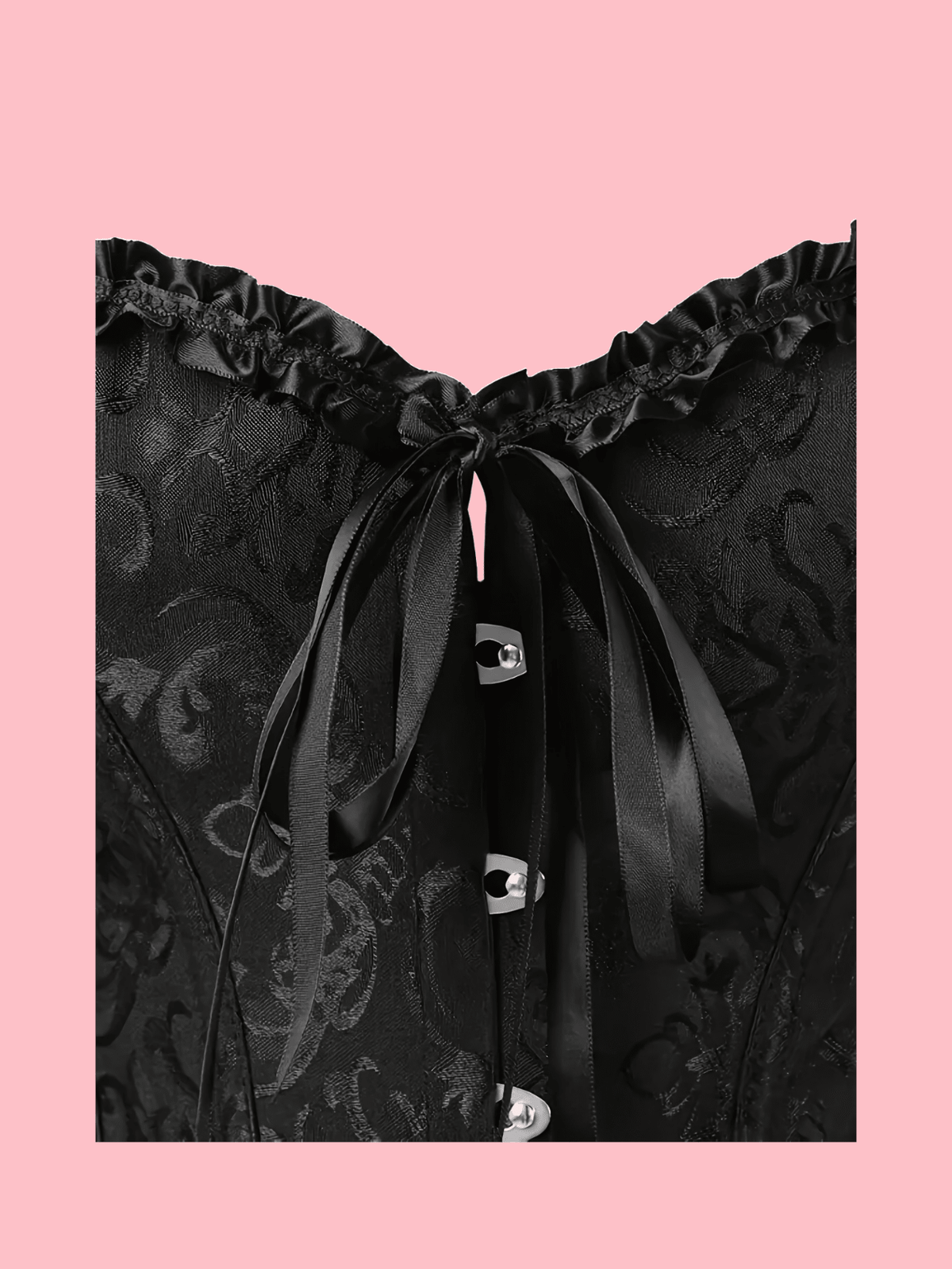Baroque open bust corset top with boning, ruffle details, and grommet eyelet accents for waist shaping and bust support.