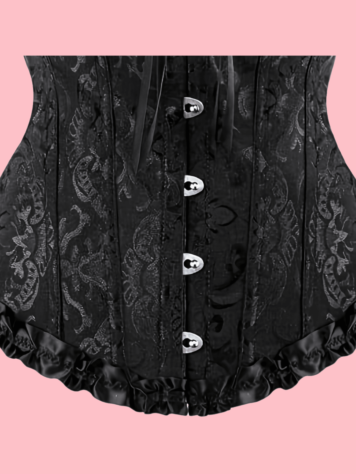 Baroque open bust corset top with boning, ruffle details, and grommet eyelet accents for waist shaping and bust support.